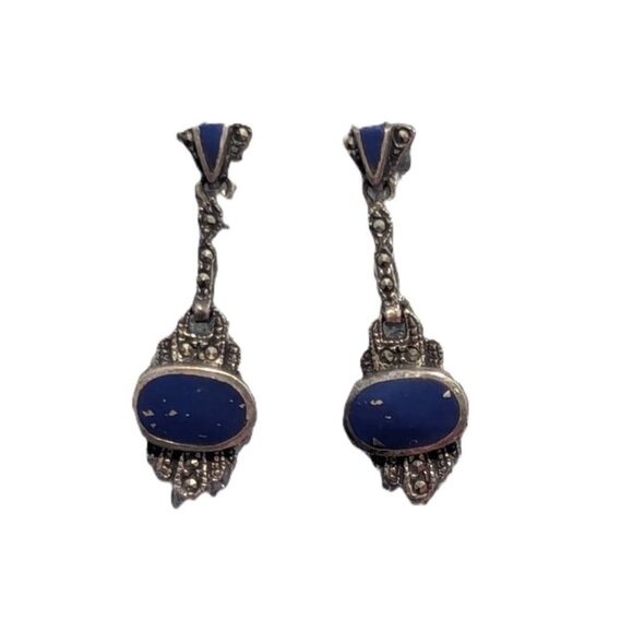 Lapis Lazuli Marcasite Silver Earrings Victorian Art Deco Dainty Victorian Boho - Picture 1 of 5